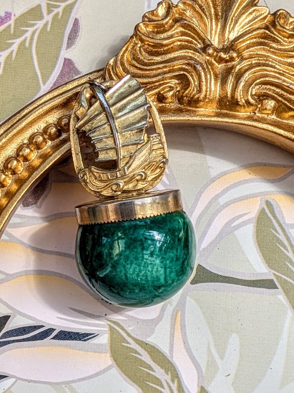 Vintage RARE & Unique Ship Pendant with Green Marbled Stone